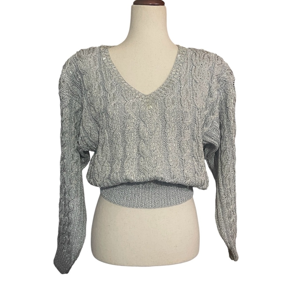 Lillie Rubin Vintage Metallic Cable Knit V-Neck Sweater
